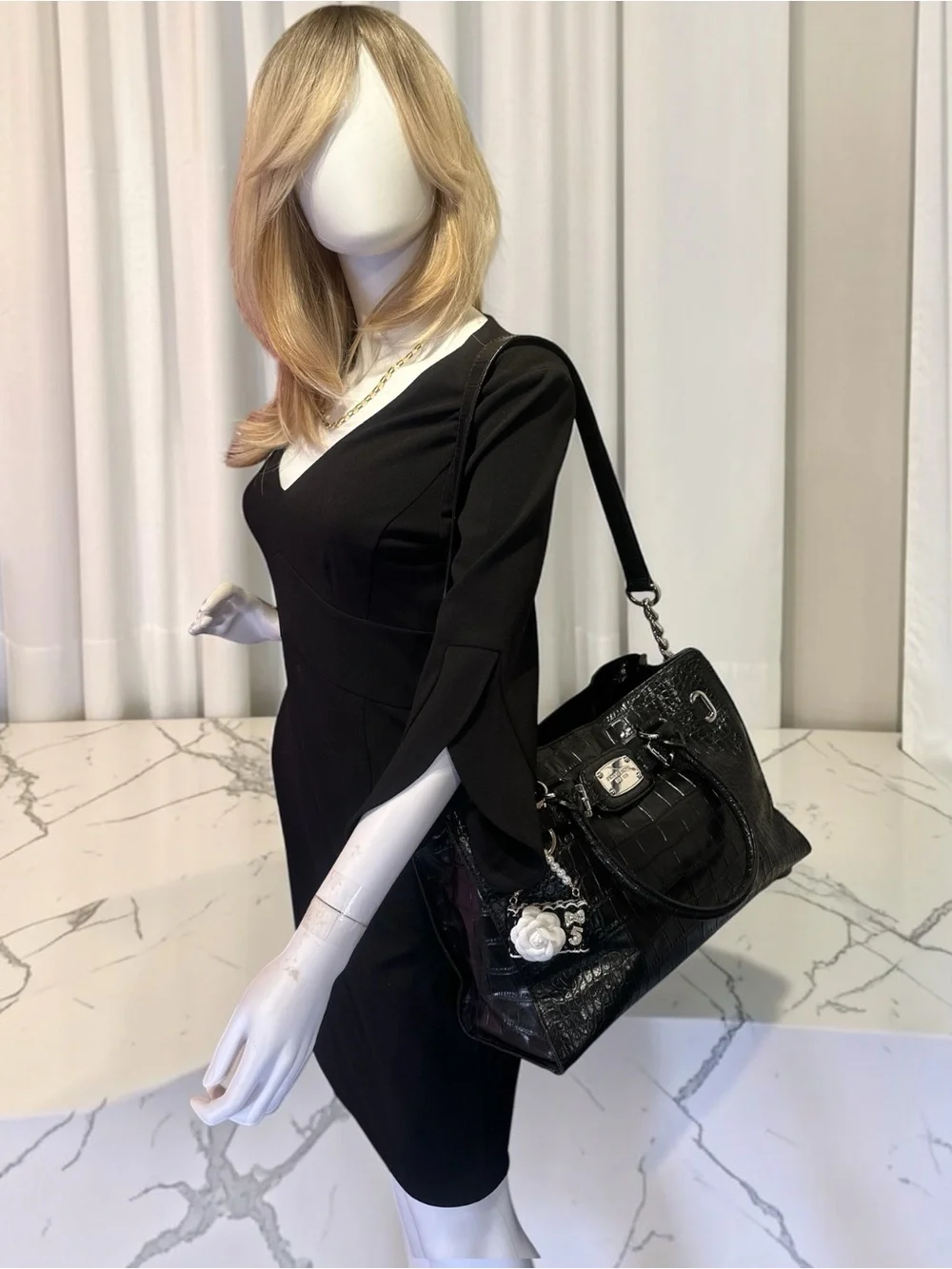 MICHAEL Michael Kors Hamilton Black Croc-Embossed Leather Satchel Shoulder Bag